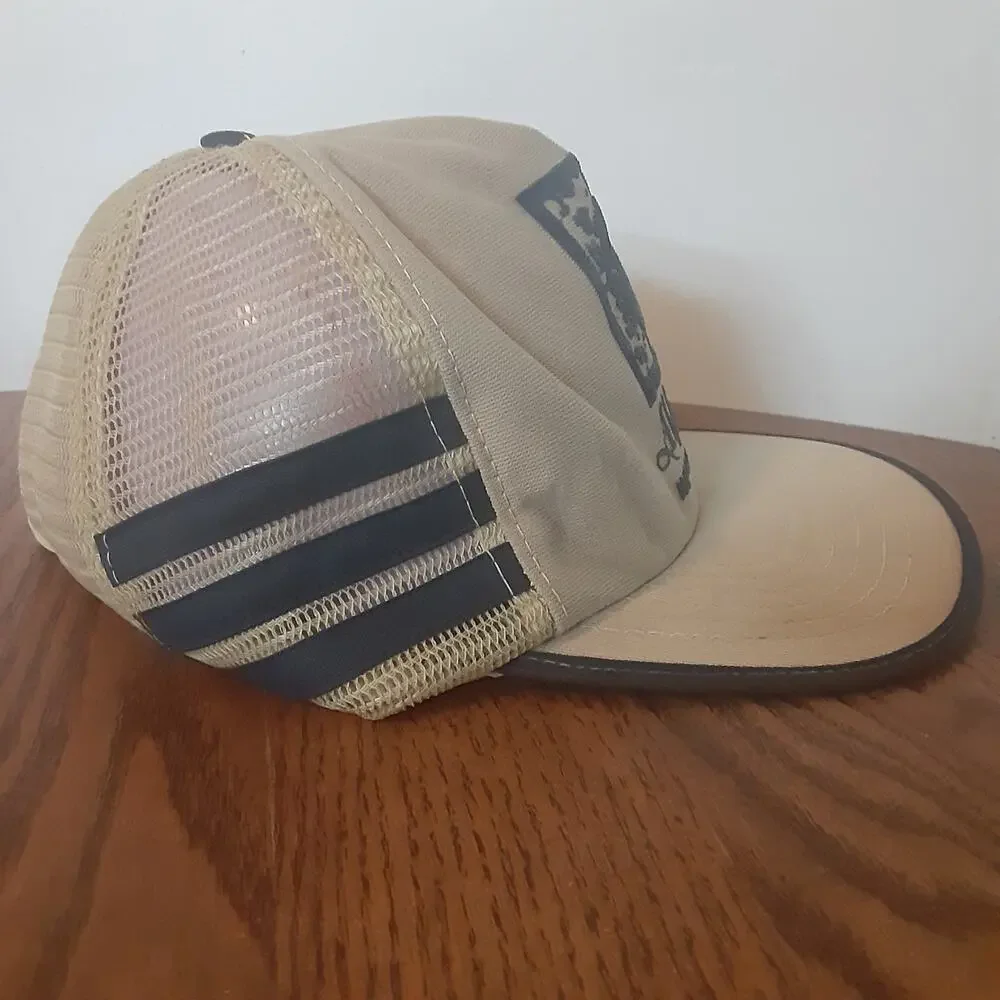 Vintage Alpha Tile We Know Tile 3 Stripe Trucker Hat Beige Blue